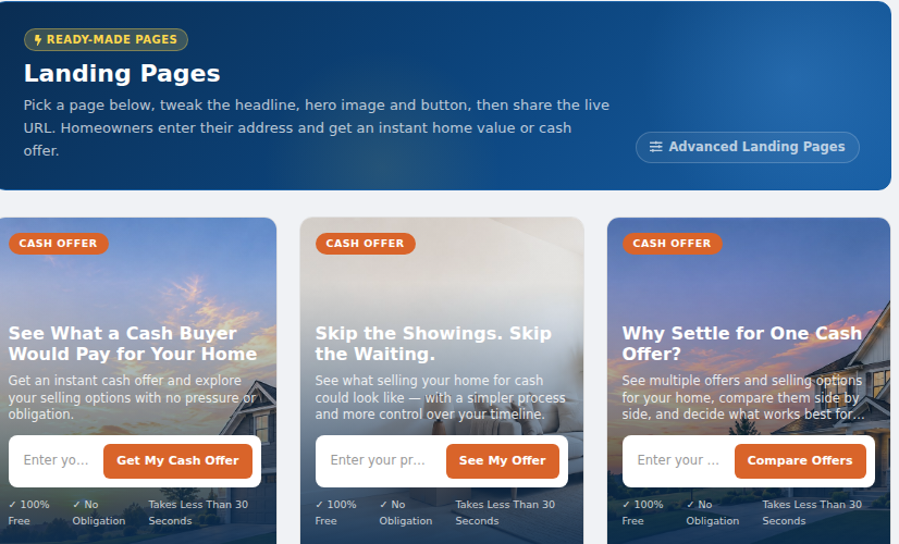 Actual Seller Assist library with three cash-offer landing-page designs.